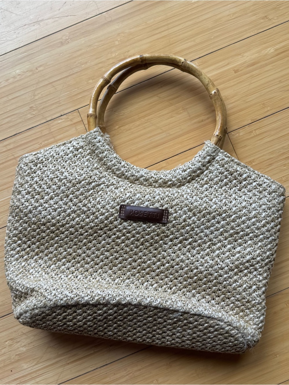 Rosetti Natural Beige Woven Tote with Bamboo Handles